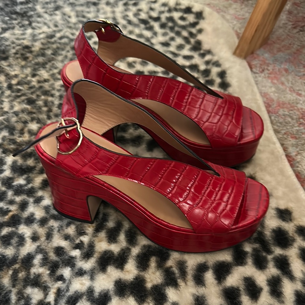 Red Platform Slingback Sandals with Block Heel